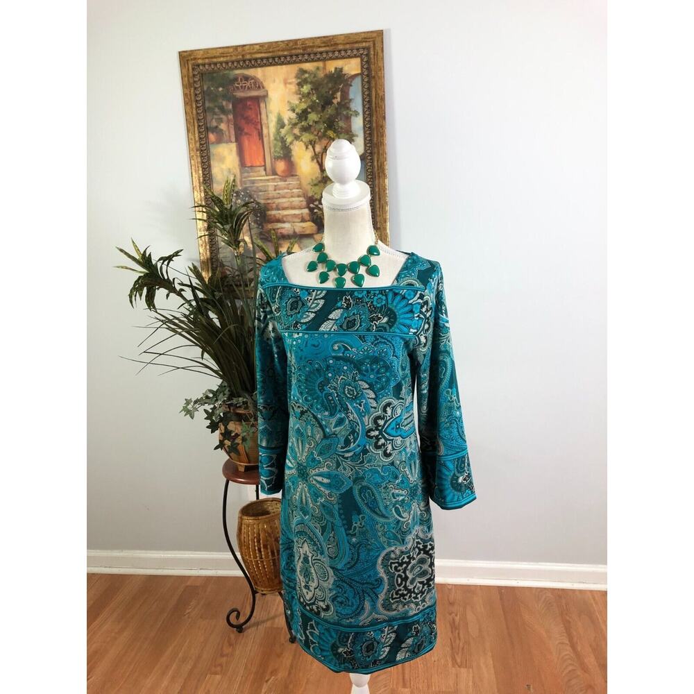 Allison Brittney Shift Dress Womens Medium Blue Paisley‎ Square Neck Stretch